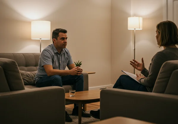 Therapist and client discussing mental health support