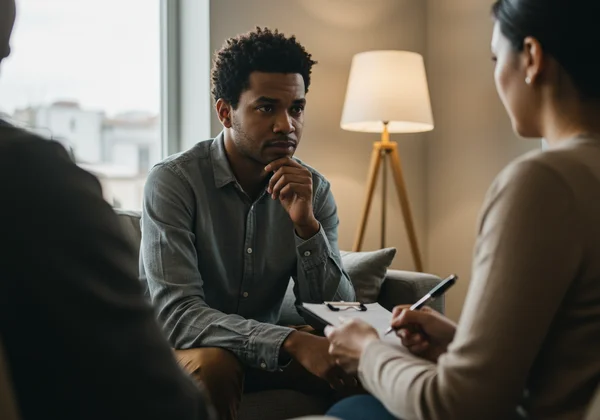 Person talking to a therapist, seeking mental health support