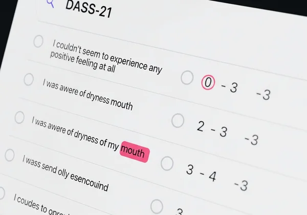 Screenshot of DASS-21 questionnaire with multiple-choice options.