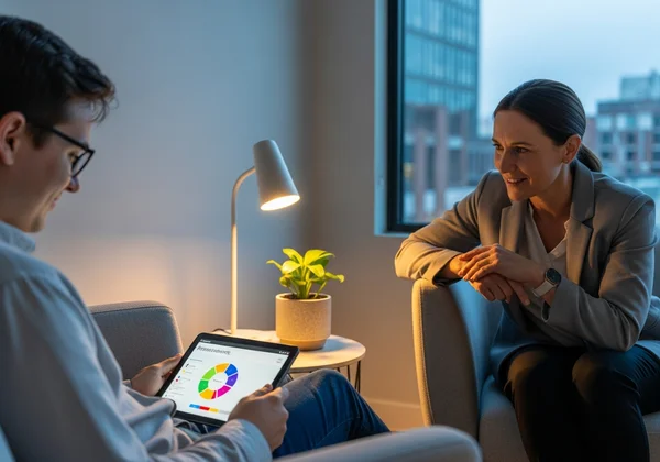 Person talking to a mental health professional after assessment.