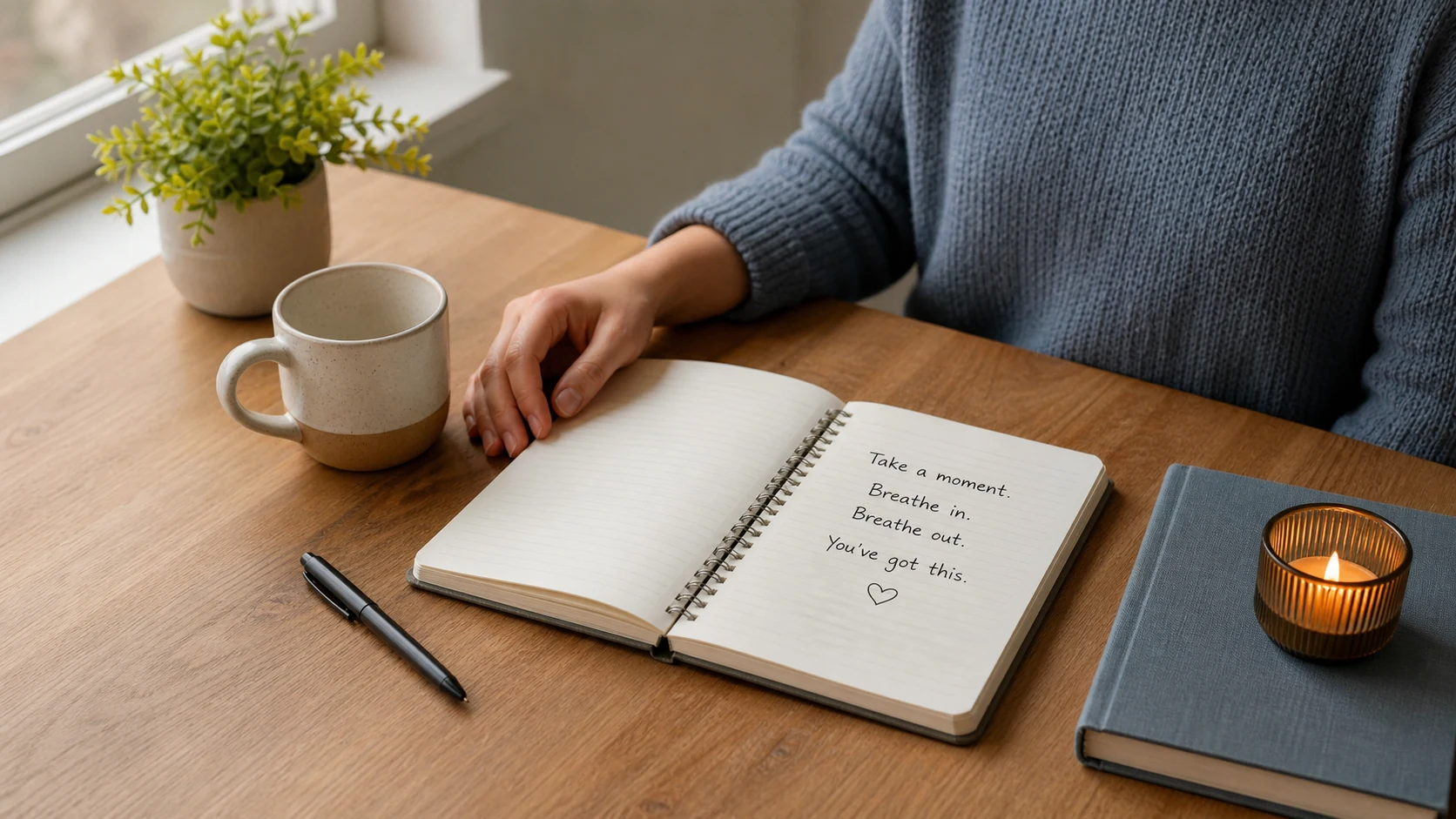 Breathing pause beside notebook