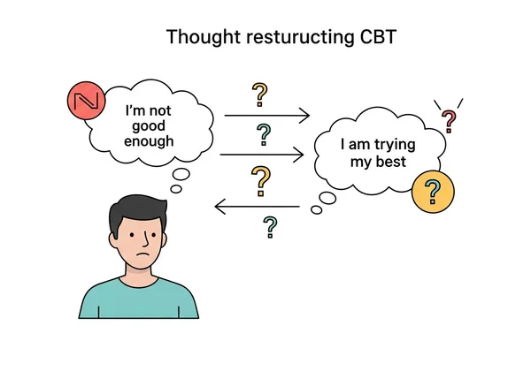 Thought restructuring process in CBT, challenging thoughts